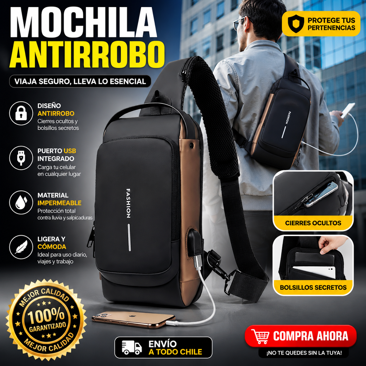 Bolso Bandolera Antirrobo Impermeable